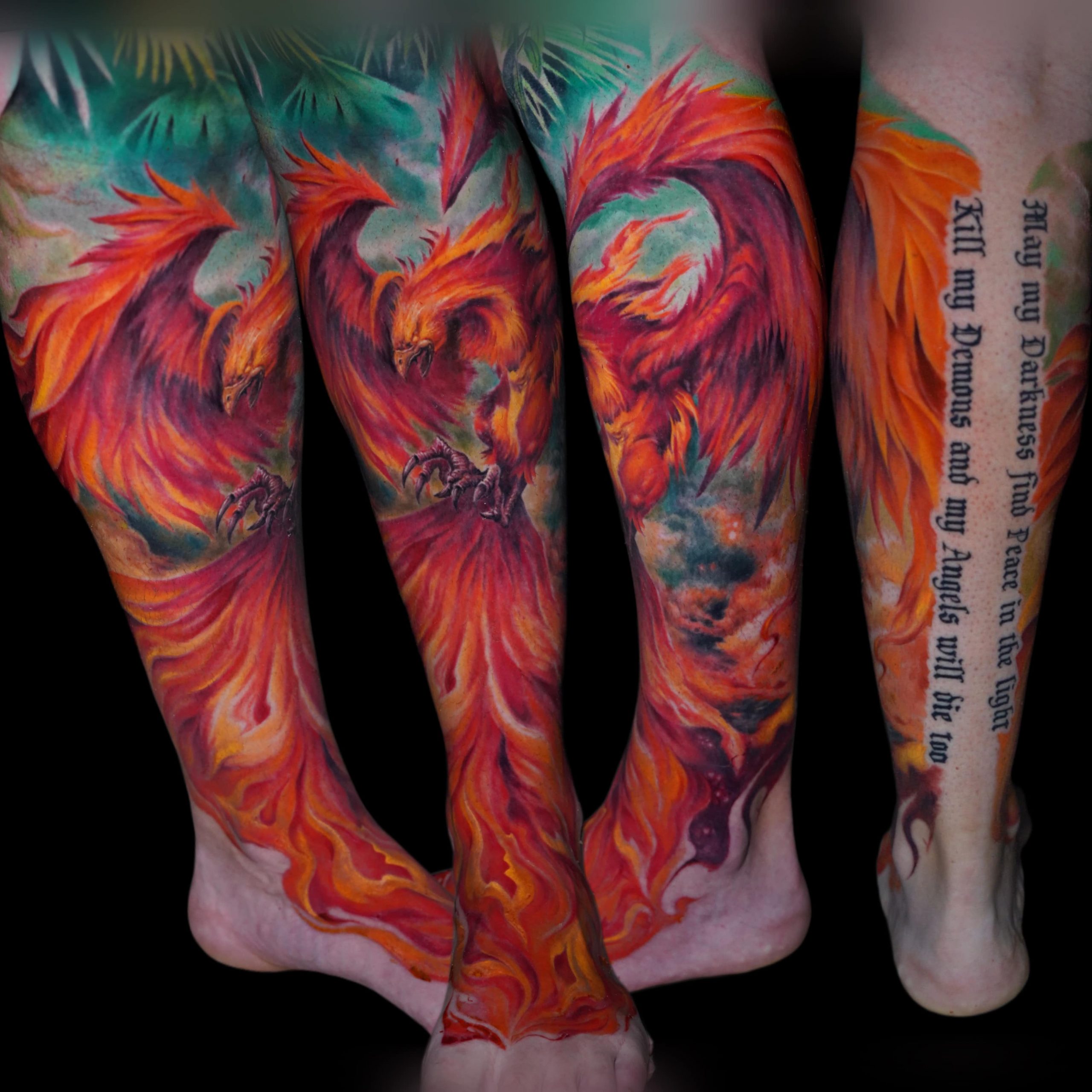 Tatuaje fenix realista en pierna